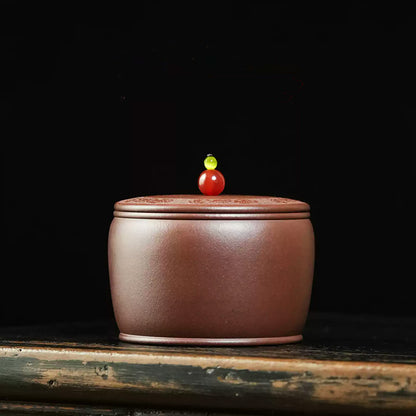 Handcrafted Yixing Zisha Small Tea Leaf Storage Jar with Engraved Design
