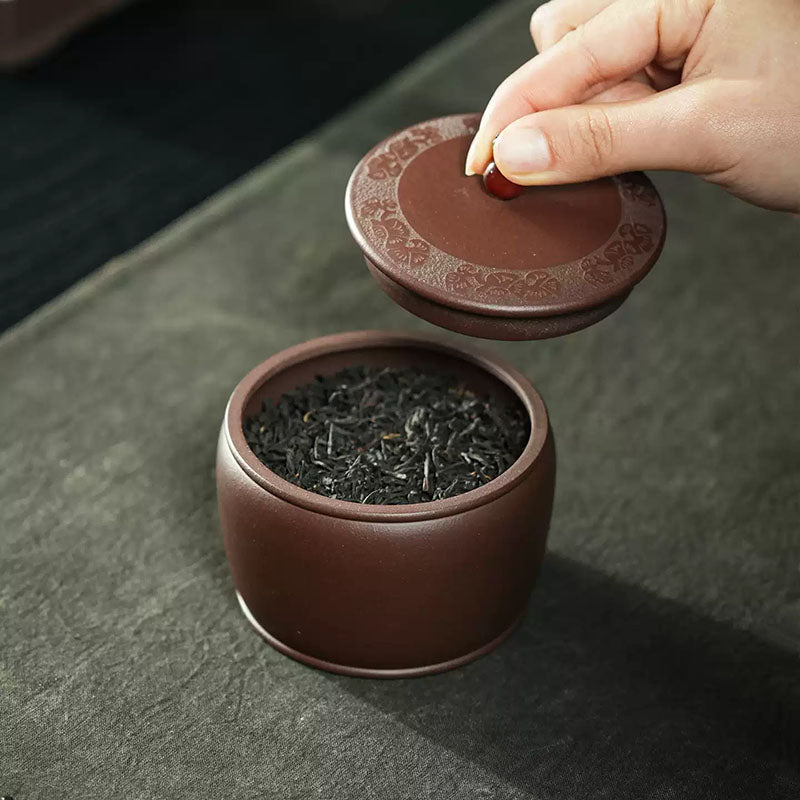 Handcrafted Yixing Zisha Small Tea Leaf Storage Jar with Engraved Design