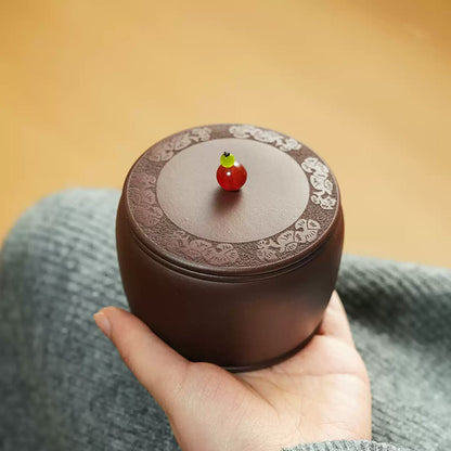 Handcrafted Yixing Zisha Small Tea Leaf Storage Jar with Engraved Design
