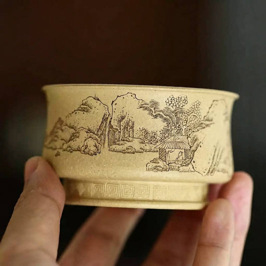 Premium Yixing Green Clay Gongfu Tea Tasting Cup Handcrafted with Seasonal Mist Painting