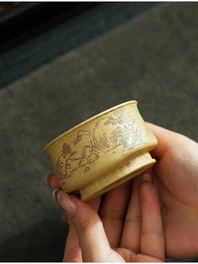 Premium Yixing Green Clay Gongfu Tea Tasting Cup Handcrafted with Seasonal Mist Painting