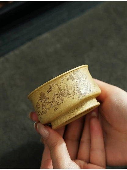 Premium Yixing Green Clay Gongfu Tea Tasting Cup Handcrafted with Seasonal Mist Painting
